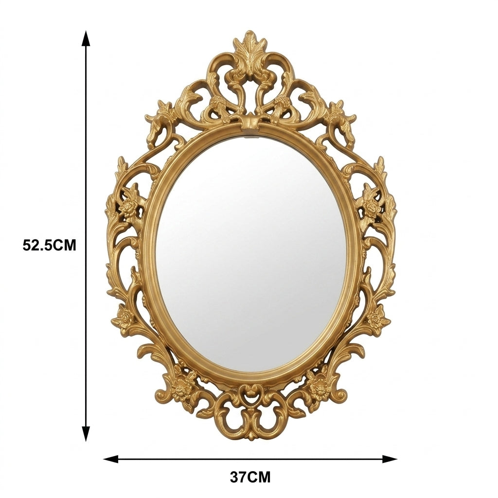 Schéma des dimensions du miroir Joséphine — 52,5 x 37 cm, cadre ovale doré baroque