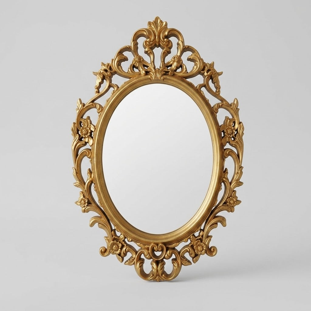 Miroir mural baroque doré ovale Joséphine, cadre sculpté style rocaille, 52x37 cm