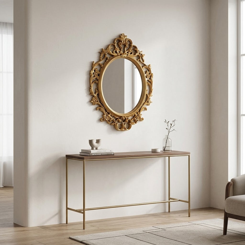 Vue rapprochée des ornements dorés sculptés du miroir baroque ovale Joséphine