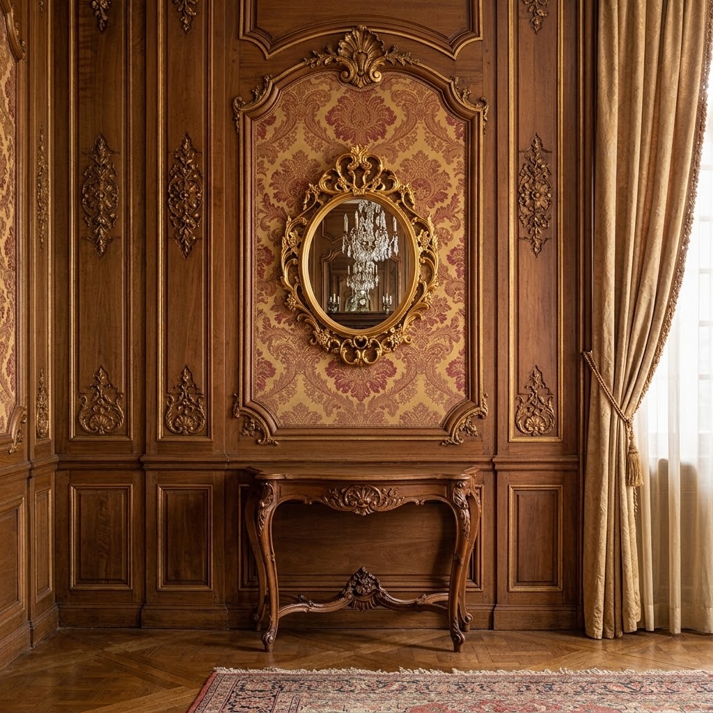 Détail du cadre doré baroque du miroir mural ovale Joséphine